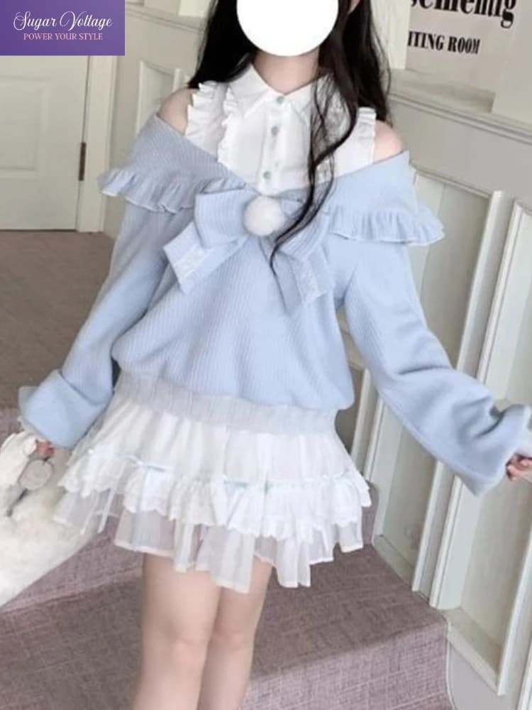 Set 2 Pezzi Lolita Y2K Giapponese per Donna, Top Slim con Fiocco e Spalle Scoperte + Gonna a Balze a Strati, Abbigliamento Autunnale Carino e Kawaii