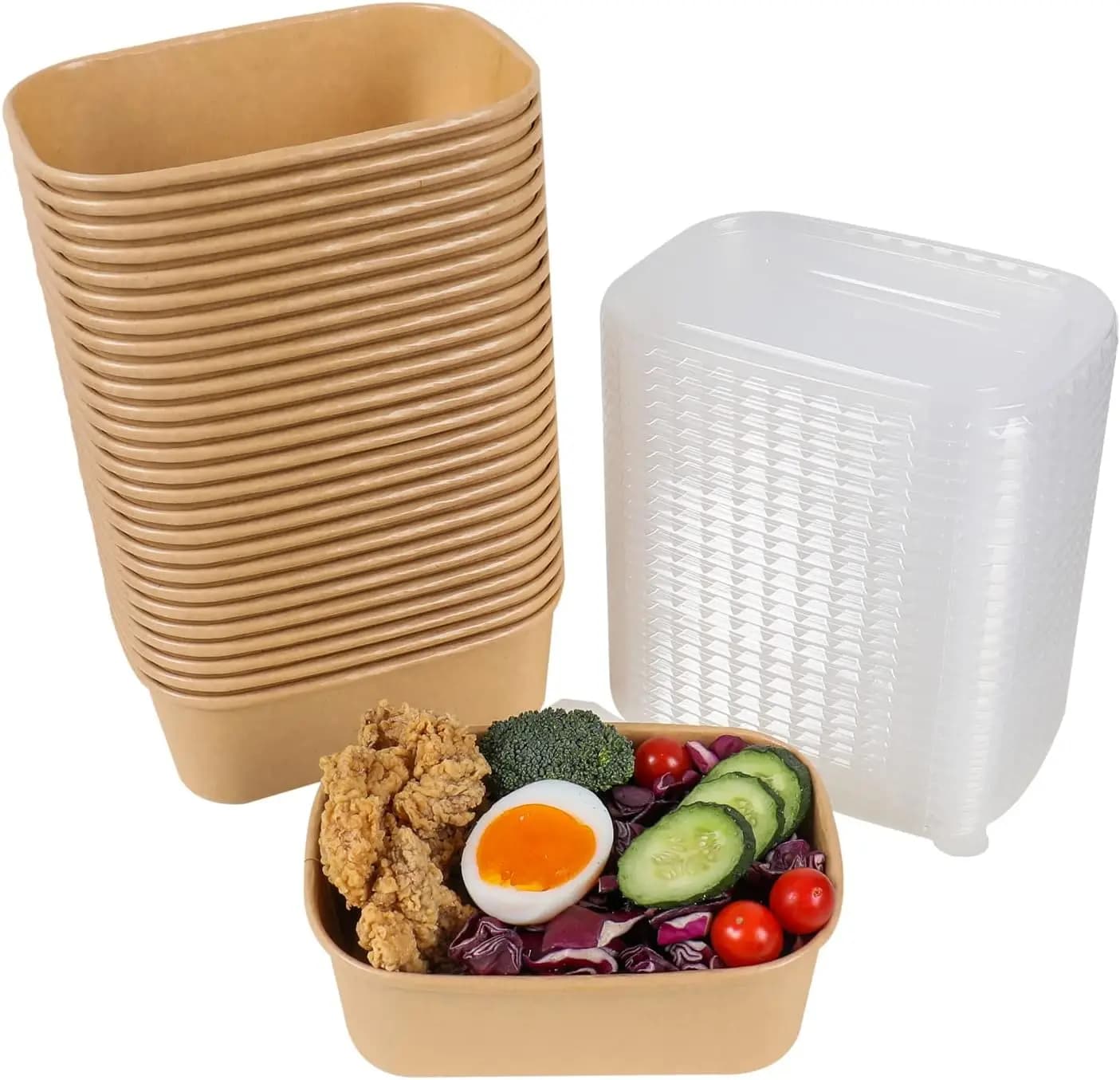 Ciotole Monouso in Carta Kraft da 25 oz con Coperchi, Contenitori Rettangolari per Alimenti, Ciotole per Zuppa, Articoli per Feste, Ciotole per Dolcetti, Confezione da 50
