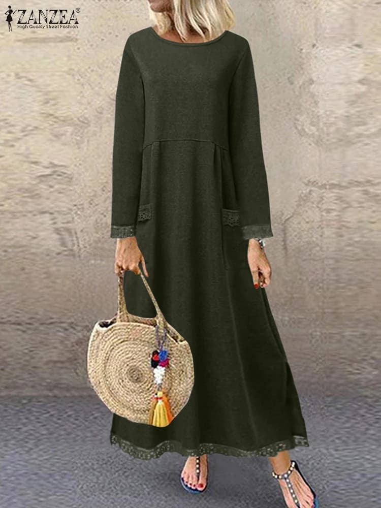2025 ZANZEA Women Autumn Long Sleeve Warm Fleece Sundress Winter Sweatshirt Dress O Neck Lace Patchwork Maxi Dresses Robe Femme