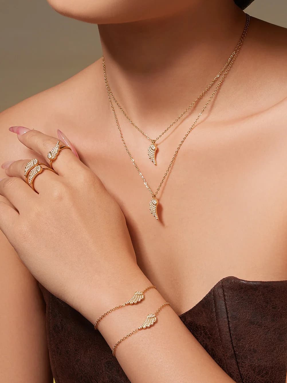 Nivora Wings Cubic Zirconia Pendant Chain Necklaces Bracelets Rings Earrings for Women Stainless Steel Wedding Banquet Jewelry