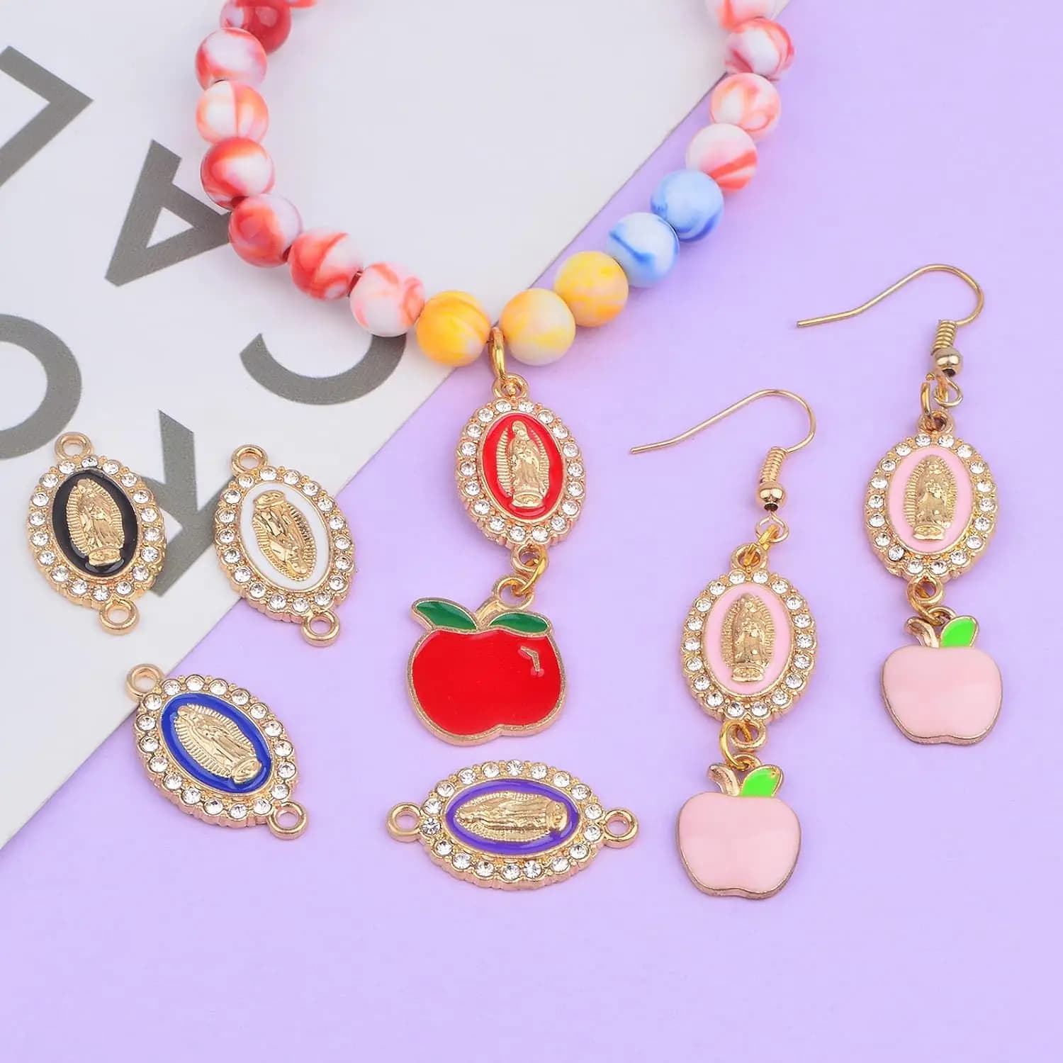 60pcs Alloy Virgin Mary Charms with Rhinestones Our Lady Medal Connection Bracelet Pendants for DIY Necklace Jewelry Making