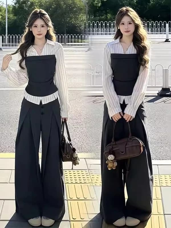 Faionable Unique Women's Spring irt Top High Waist Conceal Meat Wide Leg Pants Two-Piece Set Casual Sle Polyester Fiber