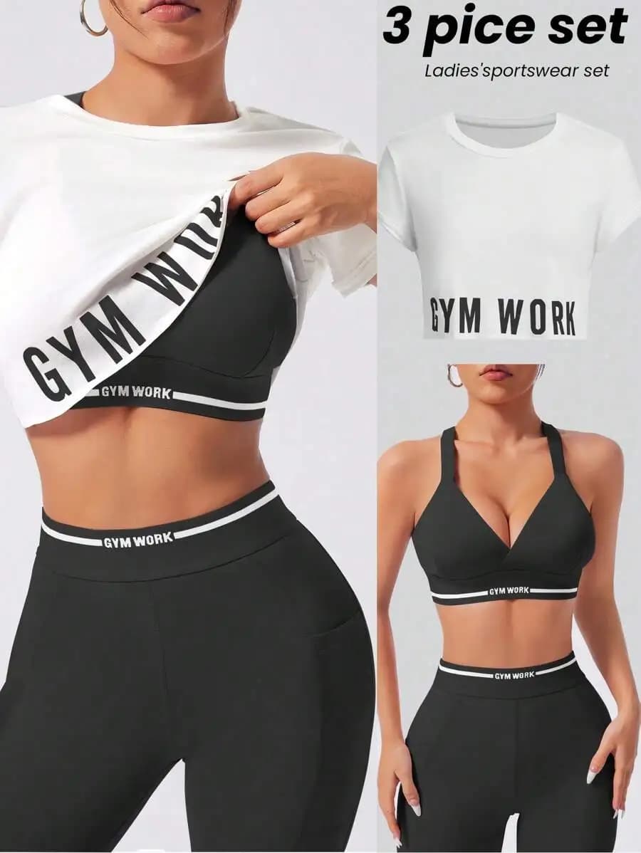 Set da palestra da donna in 3 pezzi, top corto, reggiseno sportivo, leggings con stampa di lettere