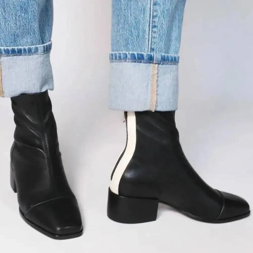 Women boots colorblock in British style with square tip and big heel, with rear zip