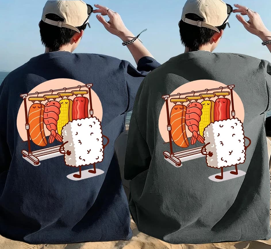 Set di T-shirt coreane in cotone estivo con stampa di sushi, riso e verdure, da uomo, morbide, traspiranti, a maniche corte, per tutti i giorni, stile streetwear.
