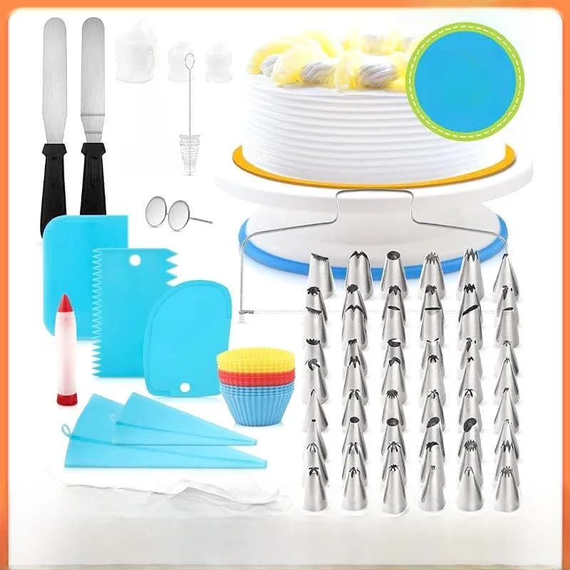 Set of 106 Pieces for Pastry, Kit with Swivel Platform, Decorative Bags, Scraper, Knife, Molds for Muffin, Japanese Style Oven Tools for Children