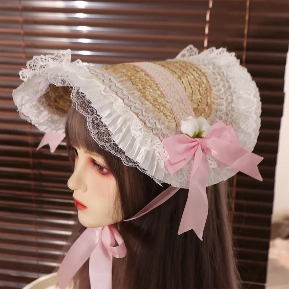 Lace Lolita Bonnet Pastoral Style French Lolita Straw Hat Flat Top Sun Protection Bow Ribbon Flower Cap Lolita Accessories