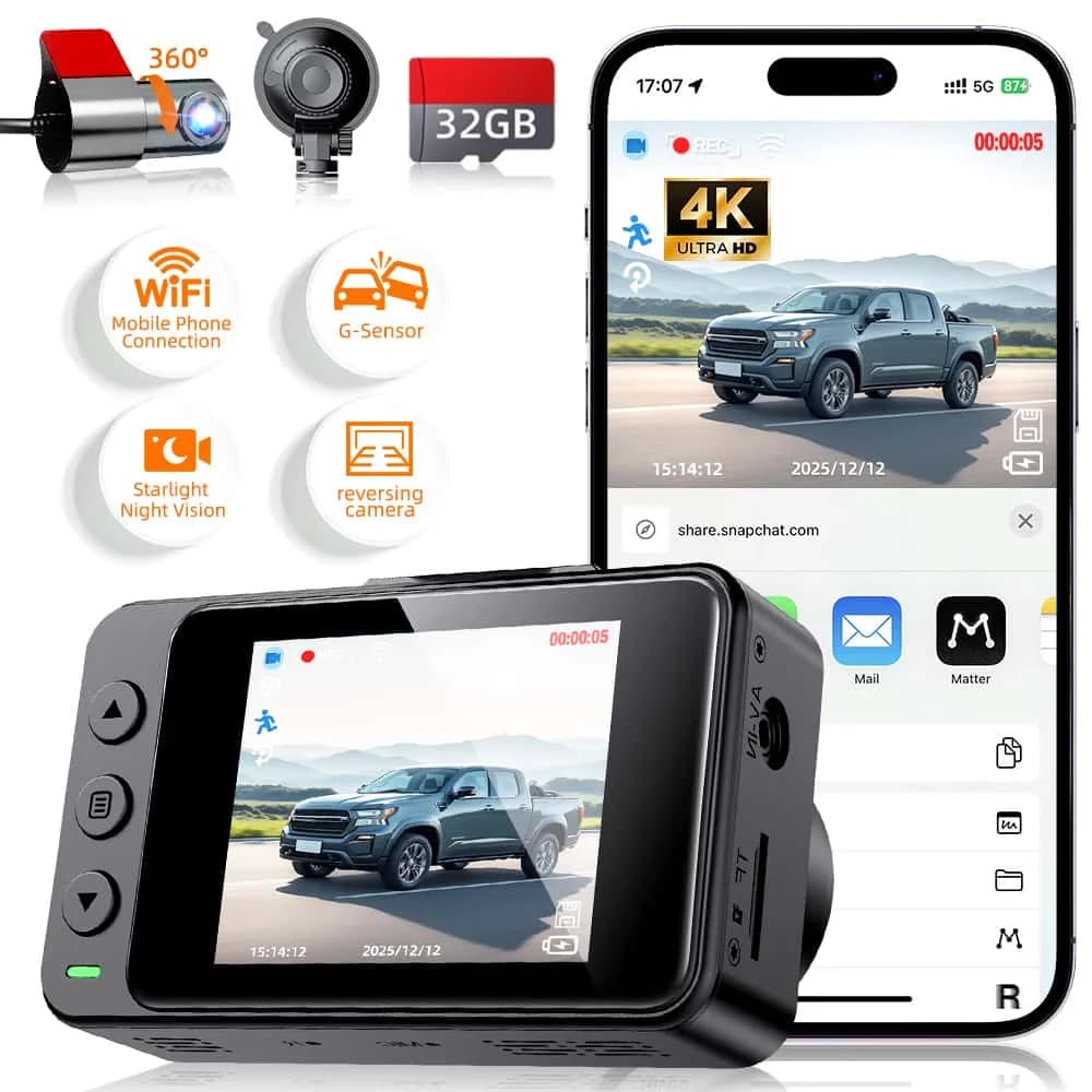 Front 4K double dashboard camera 2160P and rear 1080P | Parking monitor WiFi Super Night Vision APP Free Universal support - Gift