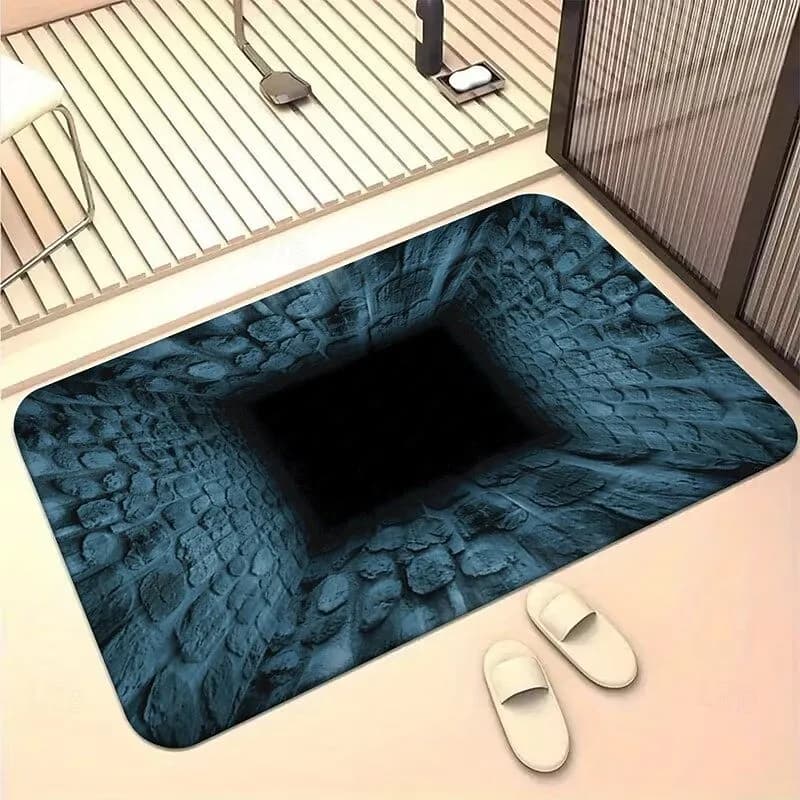 3D Creative Carpet with Optical Illusion, Funny Stone Well Shape Mat Without Bottom, Home Entrance Decoration