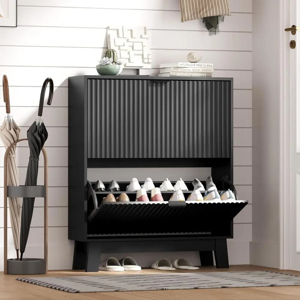 Space-Saving Slim Shoe Storage Cabinet with Wooden Legs for Entryway, Black