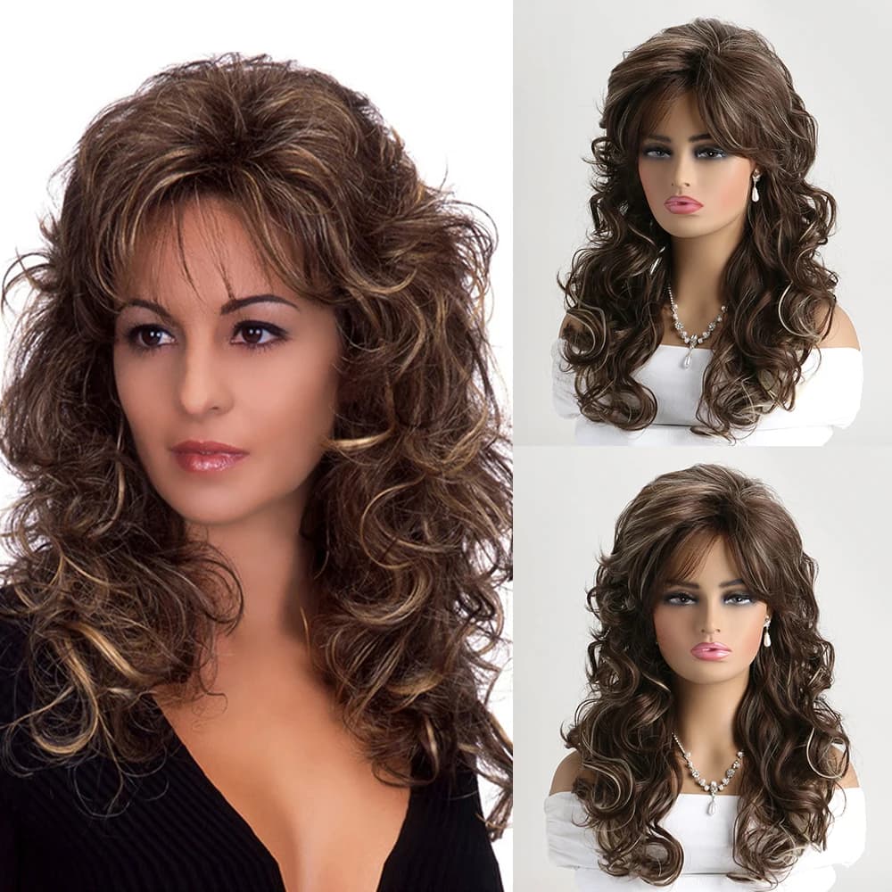 Parrucche sintetiche naturali miste marroni con biondi con botto Morbide uso quotidiano Parrucca da festa per capelli corti ricci Ombre per le donne