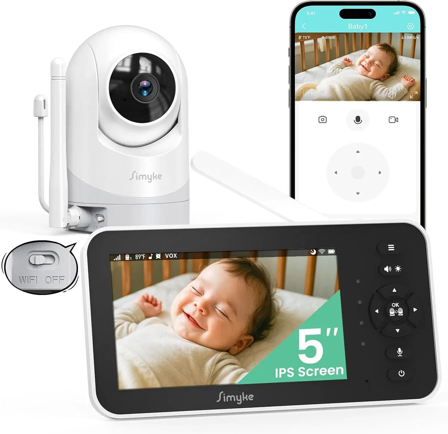 Monitor Video per Bambini con Schermo da 5'', 720P, Pan-Tilt-Zoom, Visione Notturna, Comunicazione Bidirezionale, Lunga Portata