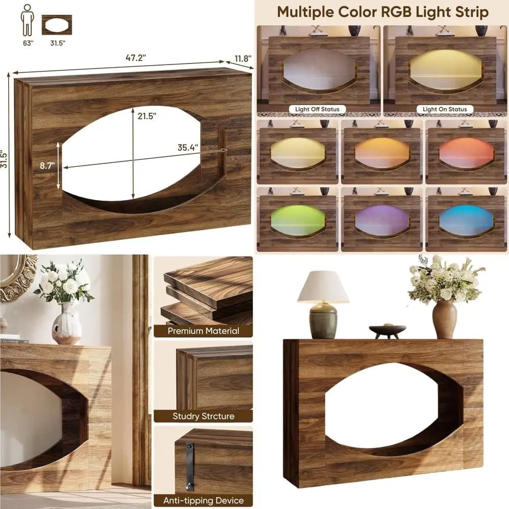 47 Pollici LED Lighting Console, Entrance Cabinet with 2 Storage Levels, Sofa-Length Console Table, Rustic Style Subtile Table