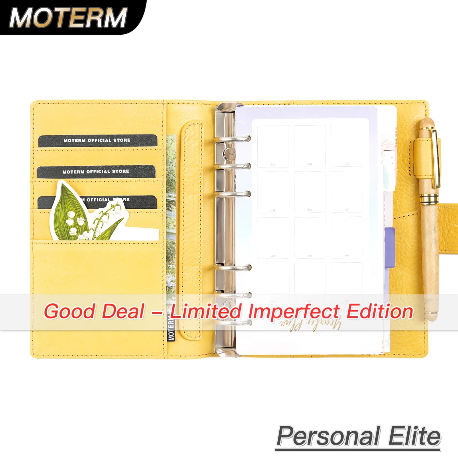 Agenda Planner Moterm Personal Size Elite Rings in Pelle Vegetale Conciata, Edizione Limitata con Piccola Tasca Posteriore, Organizer per Appunti