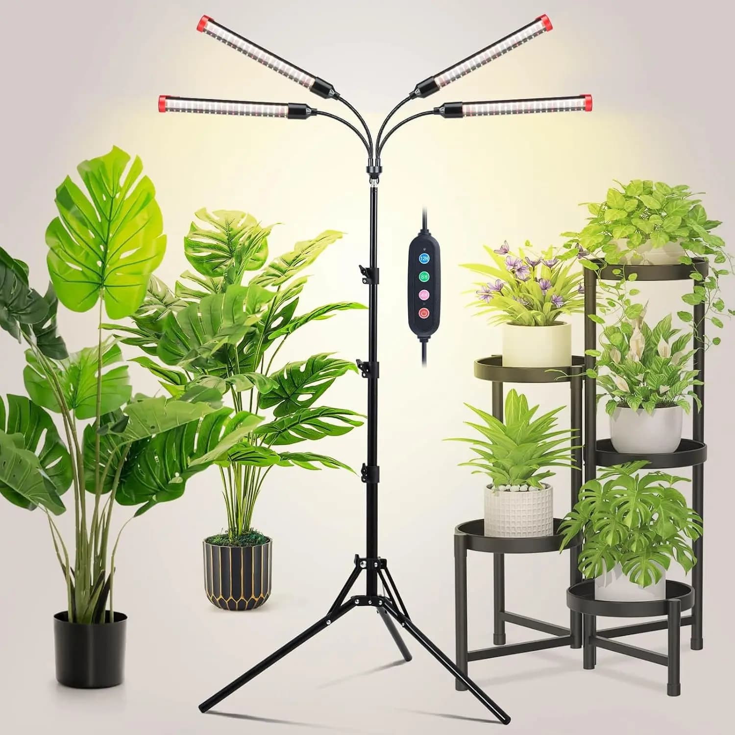Lampada per Piante Regolabile con Treppiede e Timer, 36W, per Bonsai e Germinazione Semi