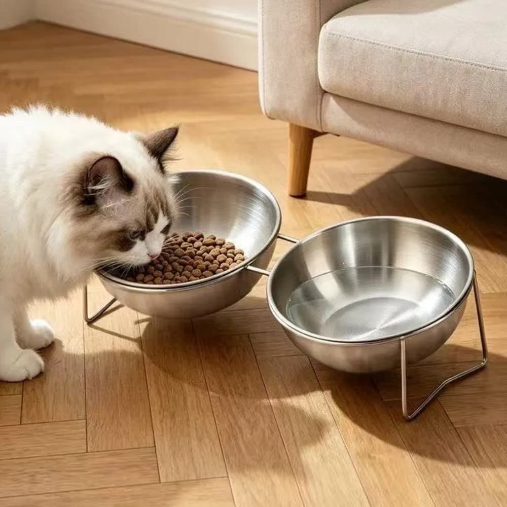 Large Capacity Stainless Steel Cat Bowl Neck Protection Anti-Tipping Elevated Pet Food Bowl Nonslip Raised Dog Food Bowl