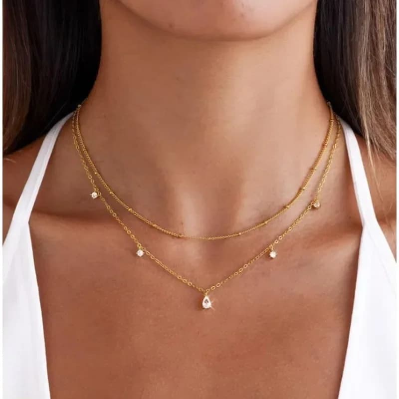 Collana a doppio strato con ciondolo intarsiato in zirconia, girocollo, collana statement per donna, gioielli regalo.