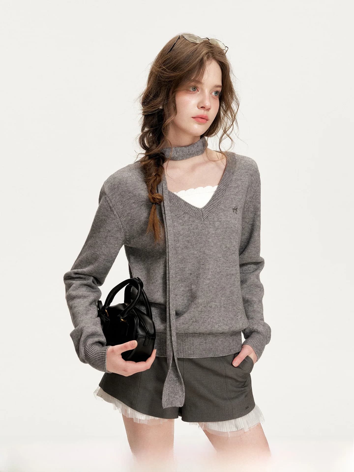 Set Sciarpa e Maglione Kroche in Lana con Blocchi di Colore, Effetto Due Pezzi, Bordo in Pizzo Ondulato, Fibra di Poliestere, Manica Lunga, Scollo a V per Donna