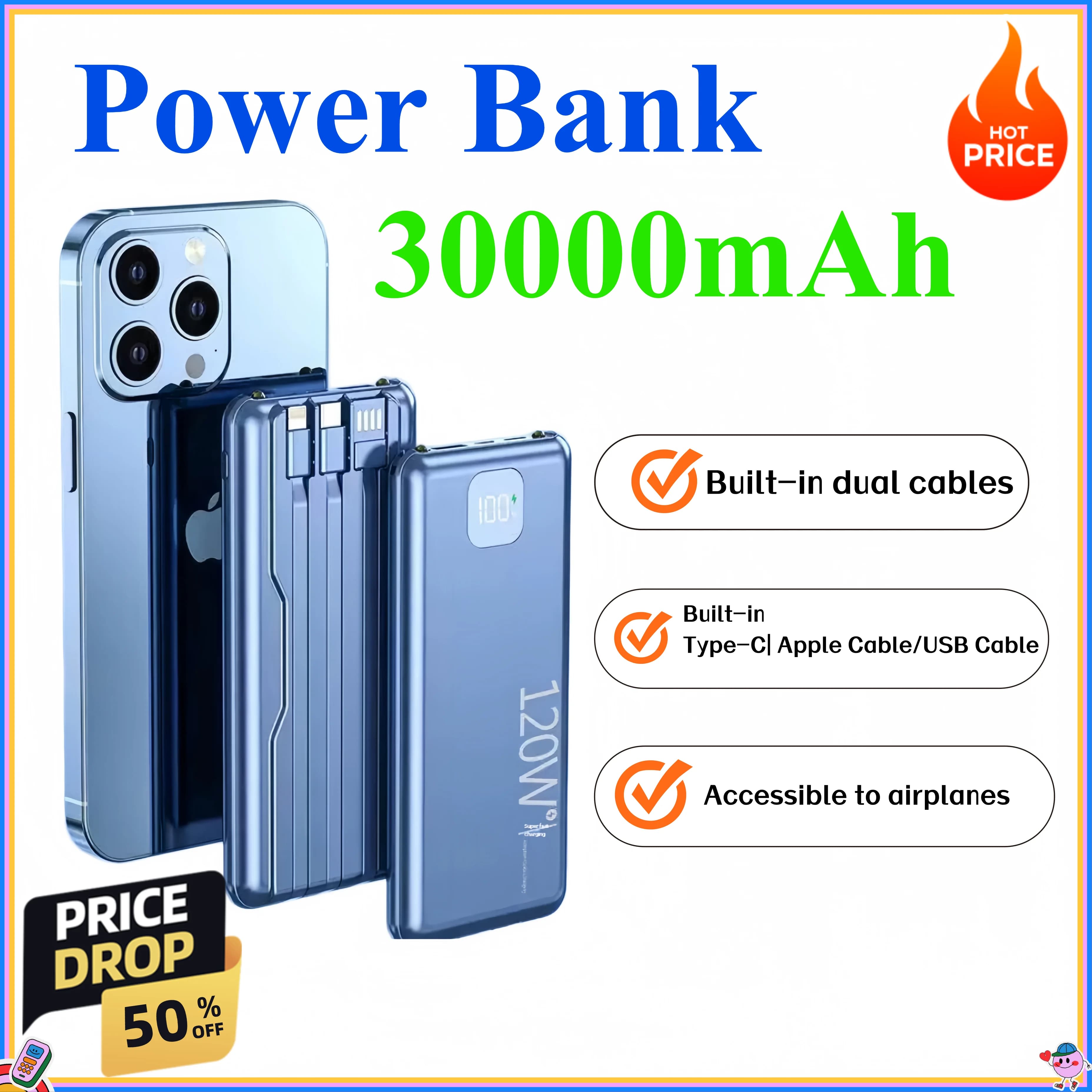 30000mAh 120W Ultra Capacity Power Bank Super Fast Charge Portable Battery Charger For IPhone Samsung 2026 New