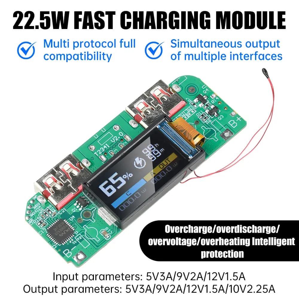 Display digitale della scheda madre della banca di potere a ricarica rapida da 22,5 W per batteria al litio ternaria PD QC Modulo di ricarica rapida TFT a colori