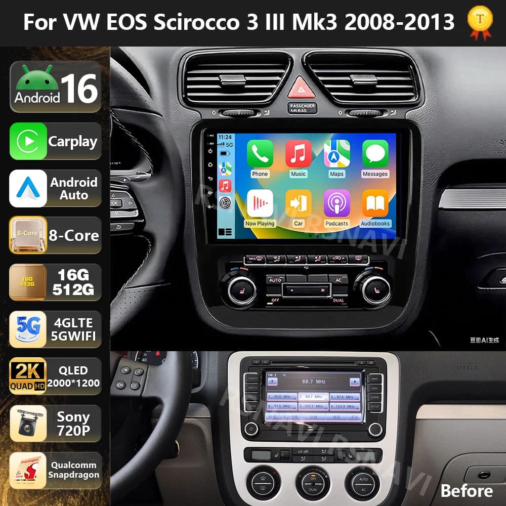 Autoradio Multimediale Android 15 Qualcomm per Volkswagen EOS Scirocco 3 III Mk3 2008 - 2014 con Carplay e Navigazione