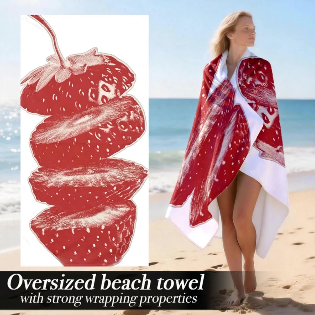 Telo mare oversize con motivo a fette di fragola, protezione solare e antivento, adatto per piscina, campeggio, viaggi, coperta.
