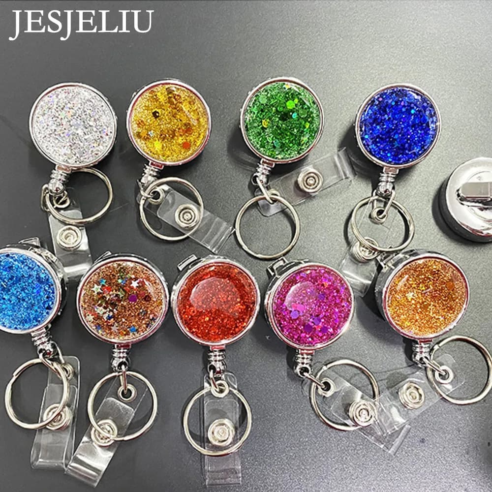 1 pz rotondo Glitter paillettes Badge Reel portabadge retrattile infermiera dottore ID Card Holder cordino tirare portachiavi forniture per ufficio