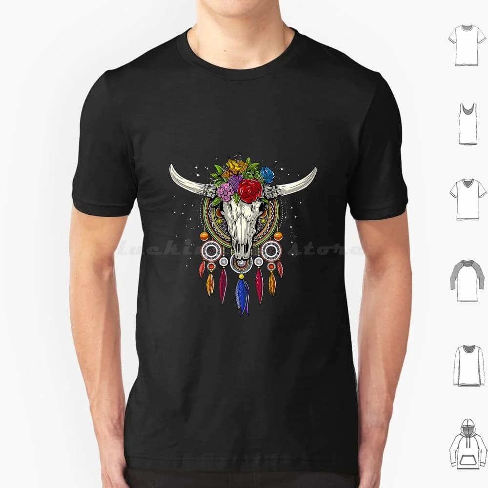 Hippie Cow Skull T Shirt Cotton Men Women DIY Print Hippie Cow Skull Floral Dreamcatcher Halloween Hippie Halloween Cow