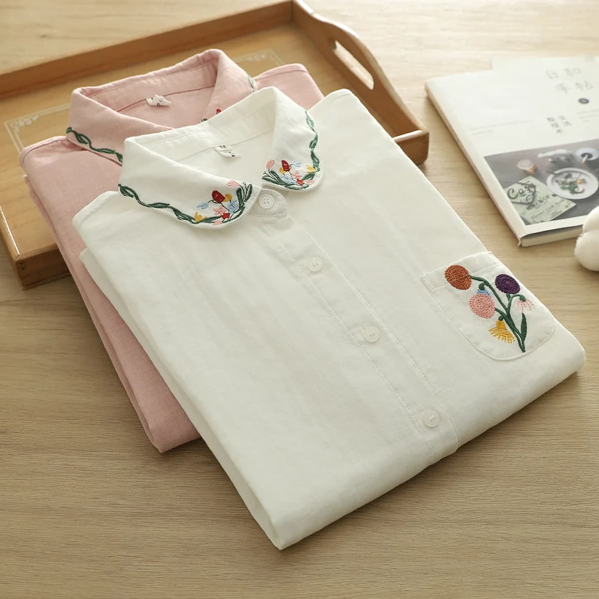 2026 Korean clothes ladies tops 100% cotton yarn white pink flower embroidery shirts and blouses women's elegant blouse