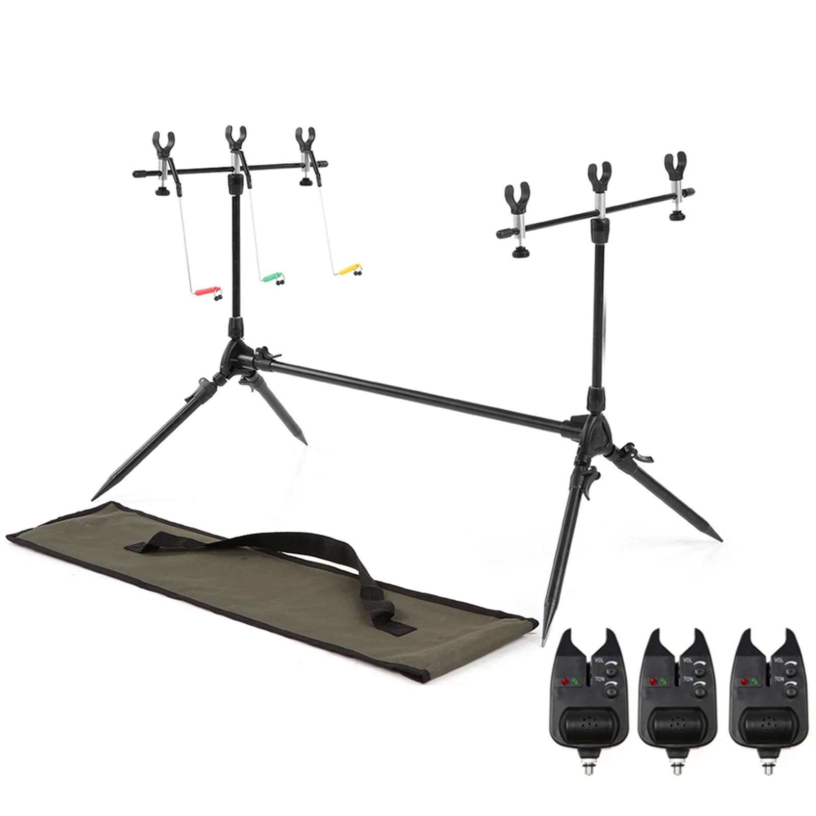Lixada 3-in-1 fishing rod Pod Stand Retractable Carp Adjustable Holder with 3pcs Bite Alarms Fishing Equipment Fishing Accessories