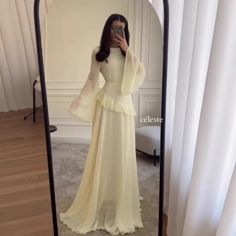 Nuovo Abito Lungo da Donna FL Fashion con Maniche a Campana e Volant, Vestito Maxi Elegante a Vita Alta con Pieghe, Collo a O, Tinta Unita, per Feste Estive Chic