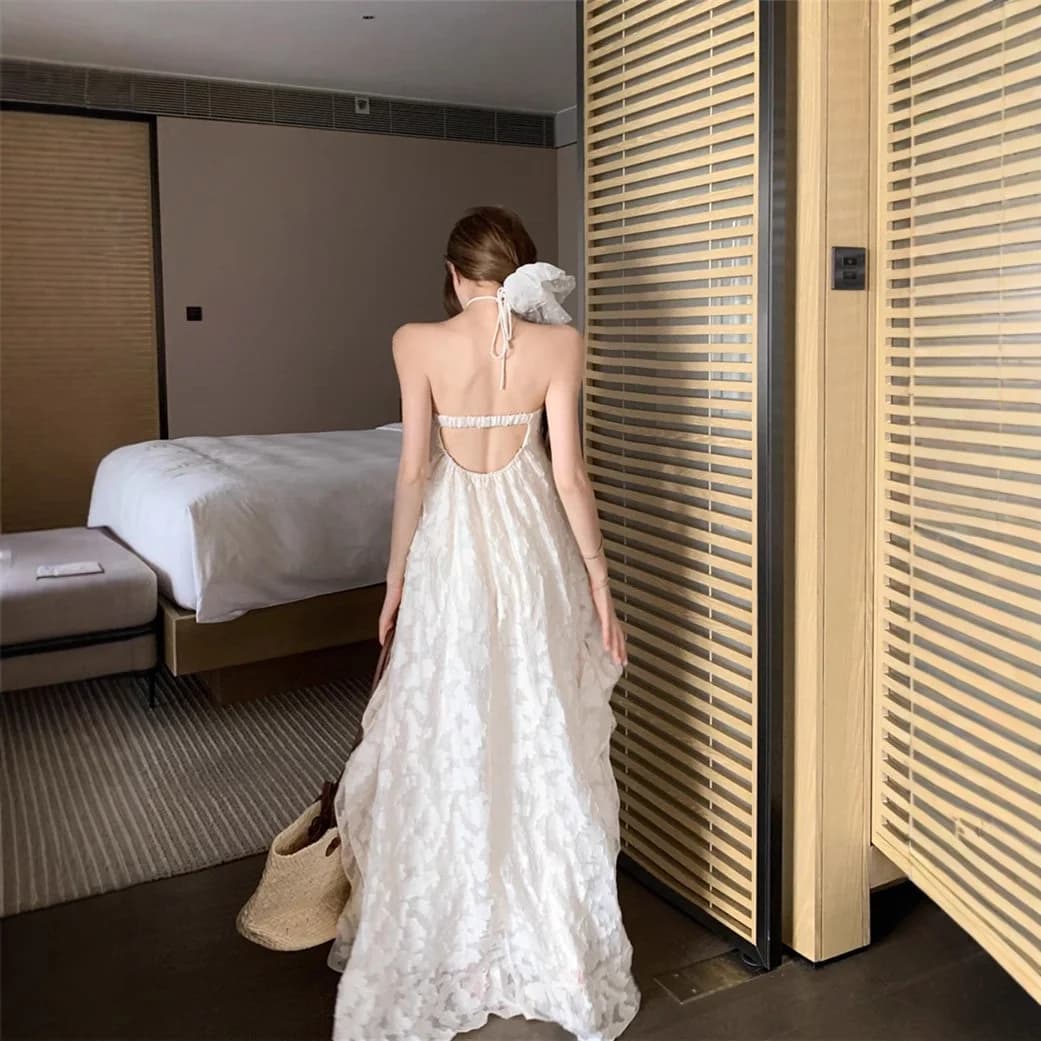 Summer Vacation Style Women's Dress Neck Hanging Backless A-Line Skirt Loose Fit High Waist Polyester Fiber No Sleeve