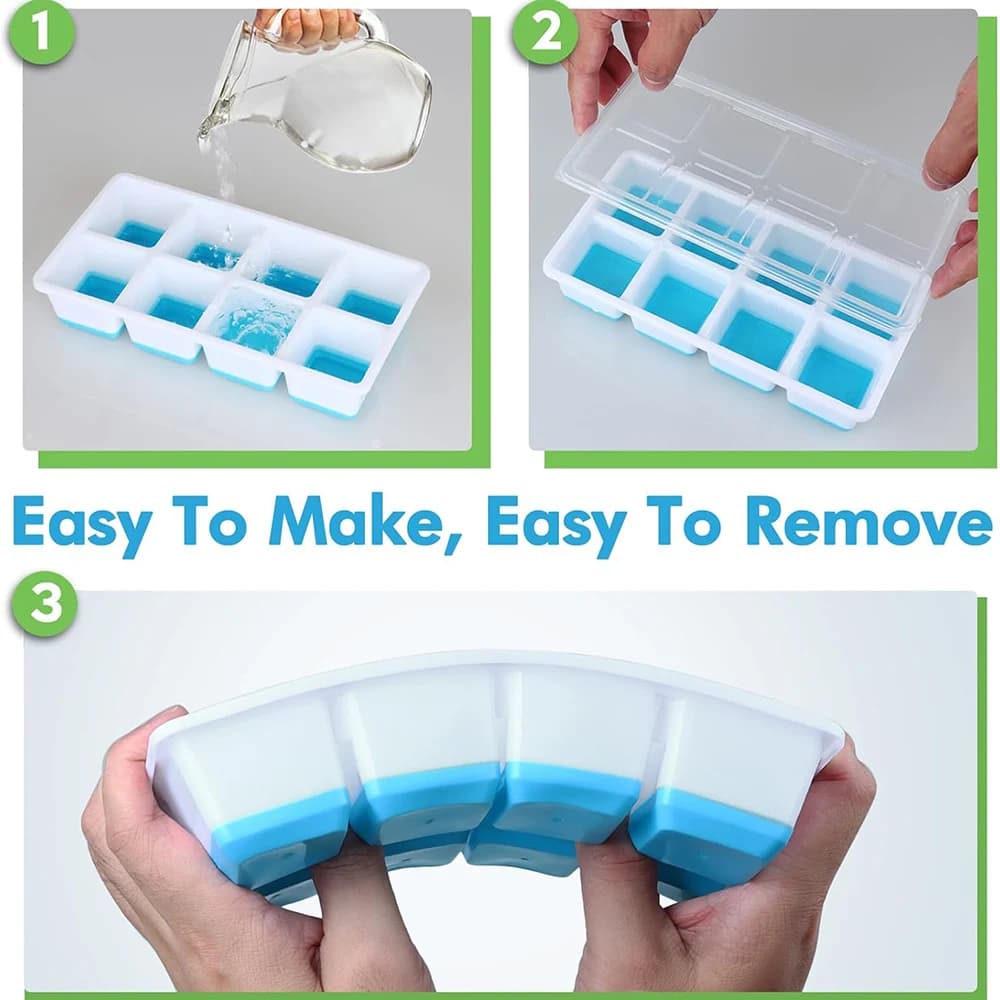 Vassoio per cubetti di ghiaccio grande con coperchio Stampi per cubetti di ghiaccio quadrati in silicone per congelatore, vassoi di ghiaccio cubetti enormi impilabili per dolcetti congelati di whisky