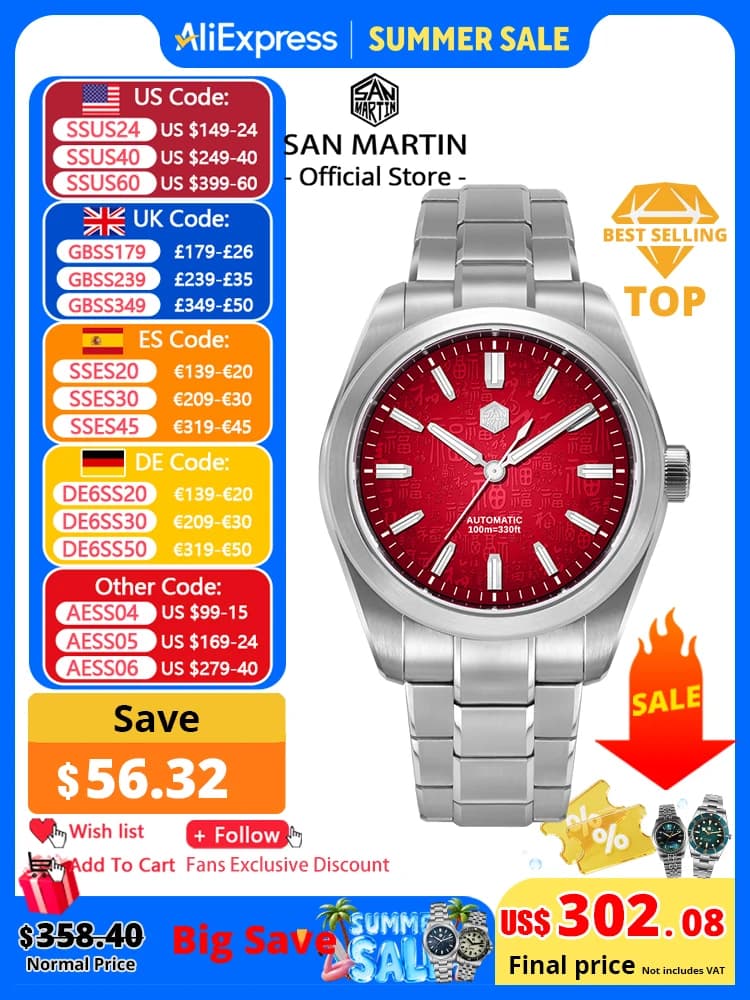San Martin 39mm Stile Cinese 3D "Fu" Cento Benedizioni Quadrante Miyota 9039 Orologio Meccanico Automatico da Uomo Design Originale SN0144