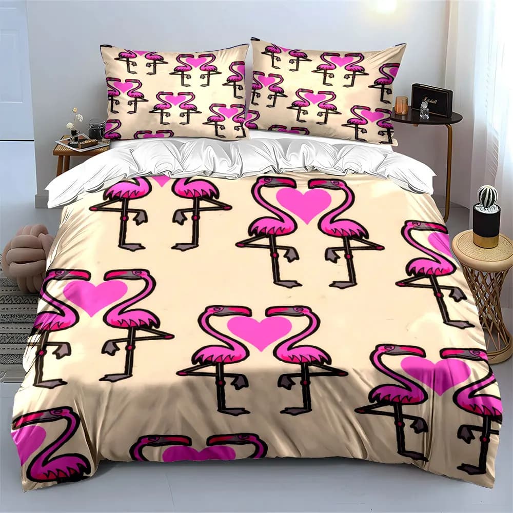 Set decorativo con motivo a cuore di fenicottero, set di biancheria da letto morbido e delicato sulla pelle, include 1 copripiumino e 2 federe, regalo