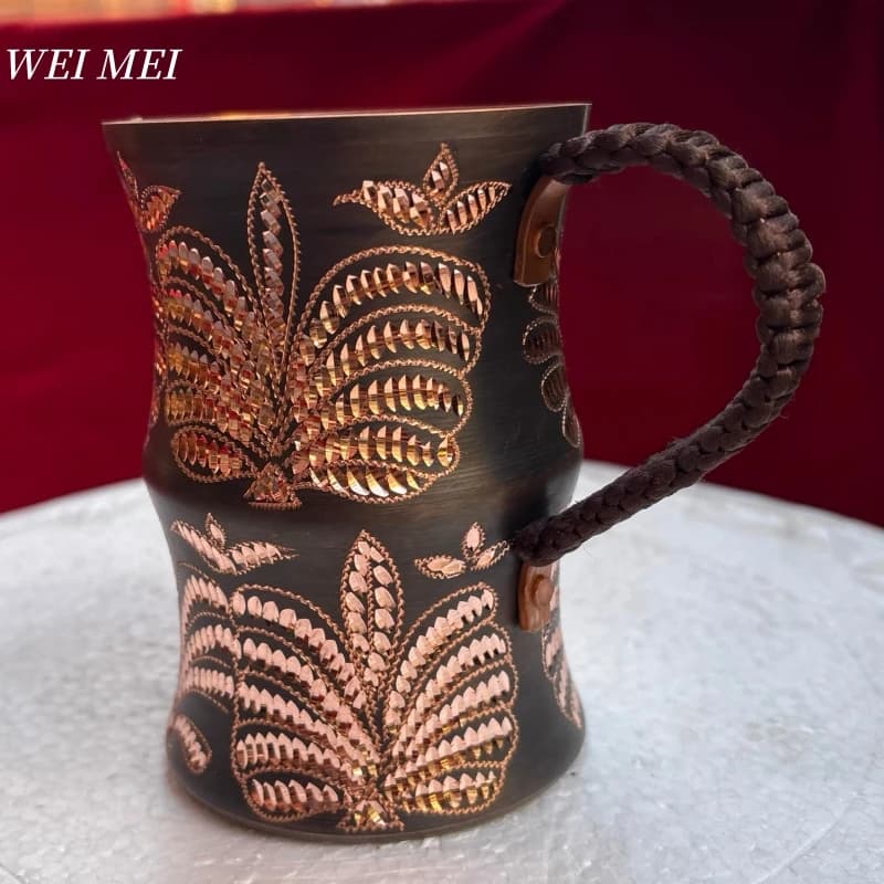 Handcrafted Vintage Pure Copper Breakfast Coffee Cup,Engraving Art Texture Juice Mug,Woven Handle Home Tea Sharing Cup Tableware