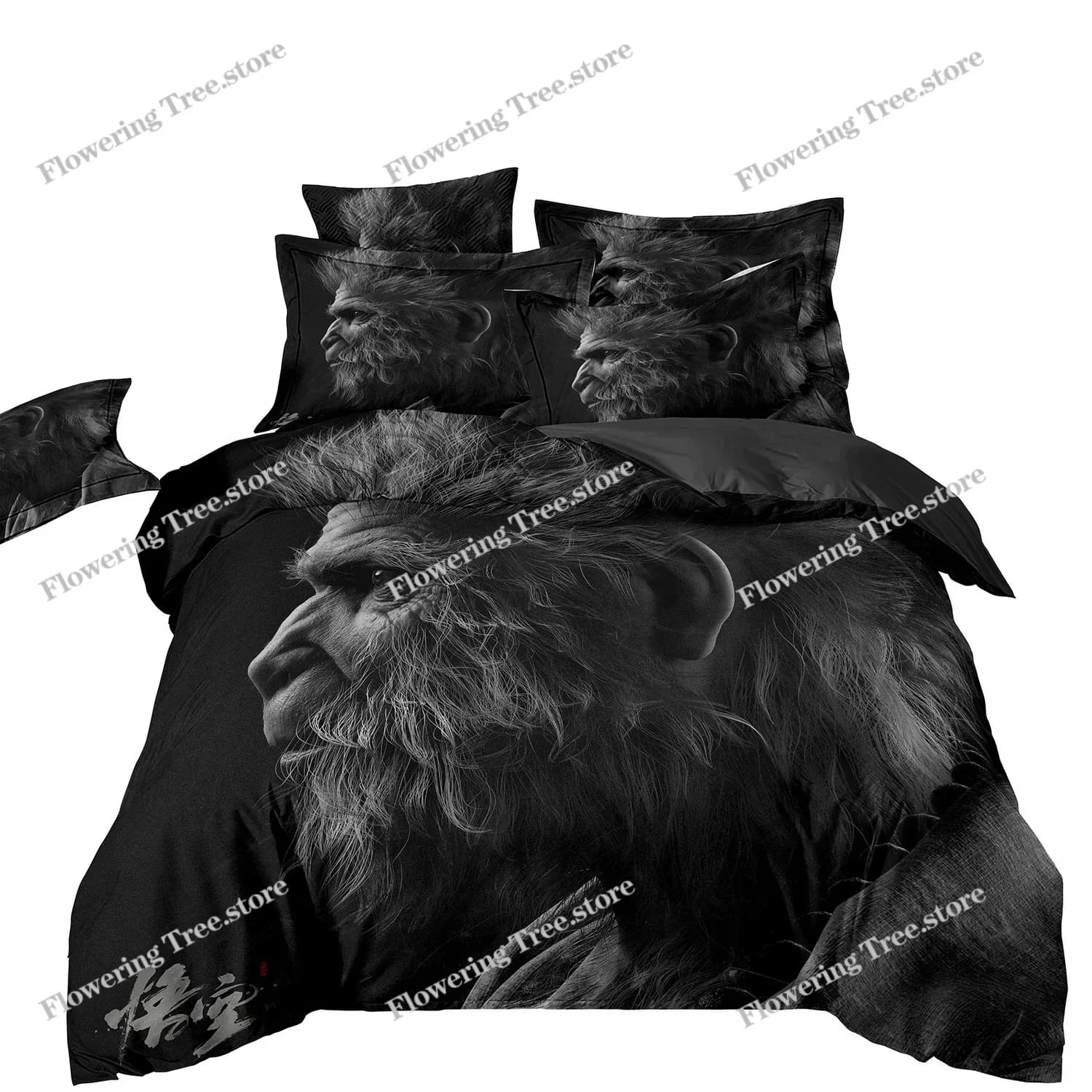Set di biancheria da letto Black Myth Wukong, set di biancheria da letto con personaggi del gioco Goku, copripiumino e federa con stampa 3D nera per bambini e adulti