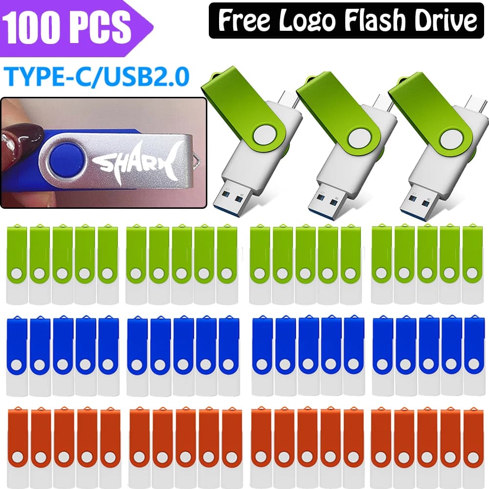 100 pz Logo Libero Girevole Colorato USB 2.0 Flash Drive 128 GB Tipo-C Doppio Memory Stick 64 GB 2IN1 Pendrive 32G 16G 8G 4G 1G 2G