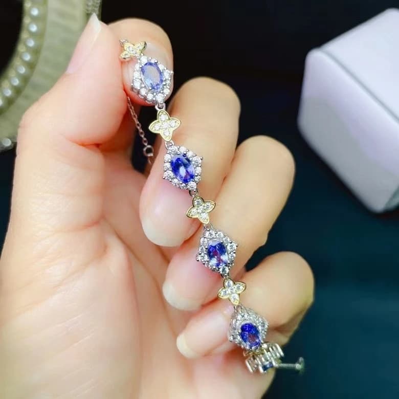 Elegante braccialetto in argento tanzanite per matrimonio 4mm * 6mm Bracciale in argento tanzanite naturale Bracciale in argento 925 Gioielli