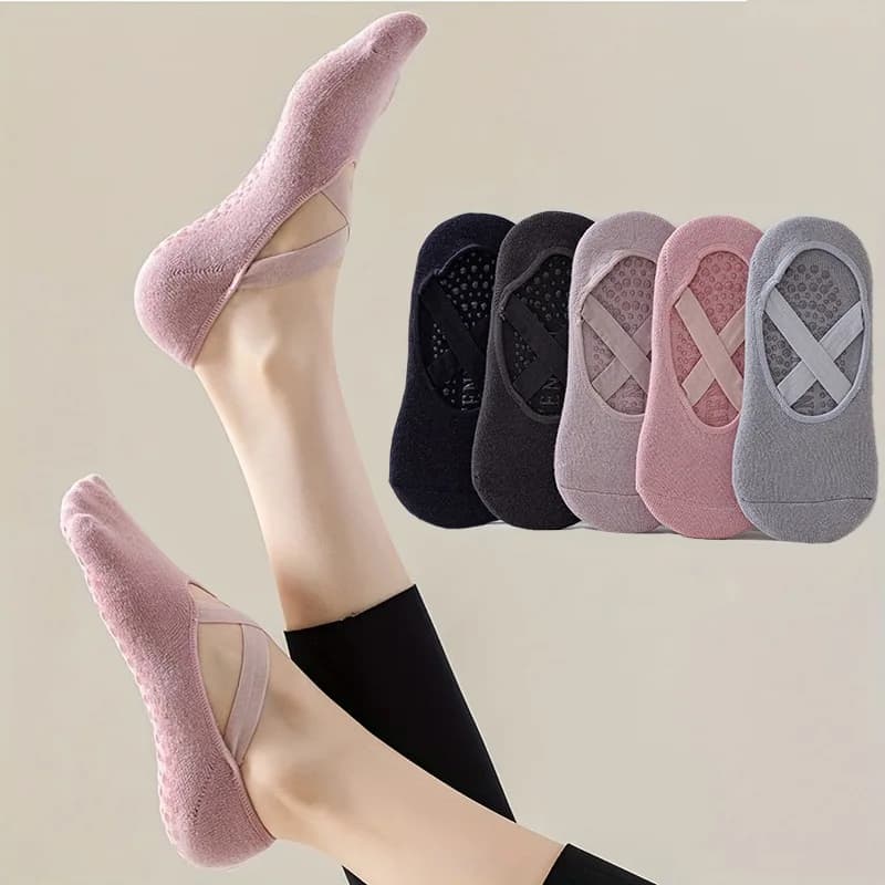 Calzini da yoga da donna in puro colore da 5 paia, nuovi calzini estivi per pilates antiscivolo con cinturino alla caviglia per allenamento indoor e allenamenti sul pavimento