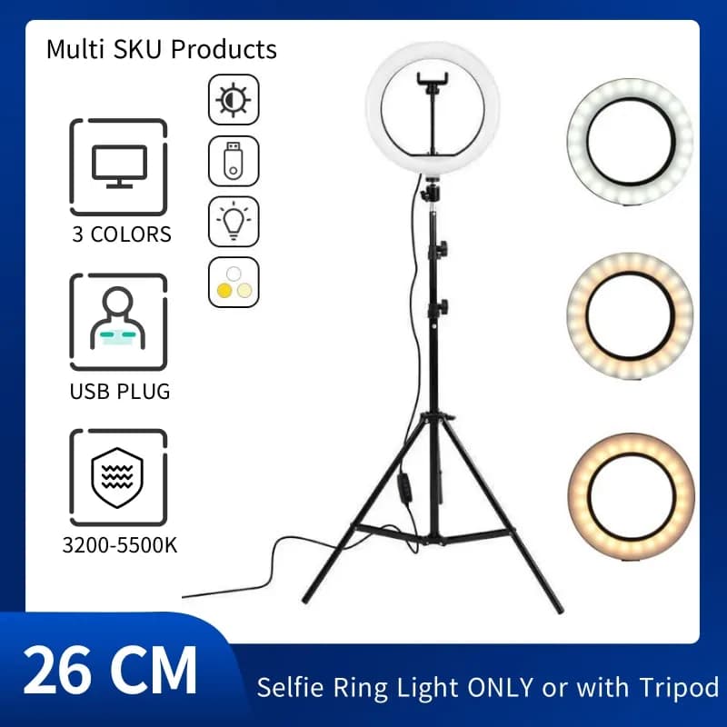 10 "LED Selfie Ring Stuido Luce Illuminazione domestica Dimmerabile Lampada rotonda Trepied Trucco Selfie Anello Lampada Luce del telefono PER VIDEO
