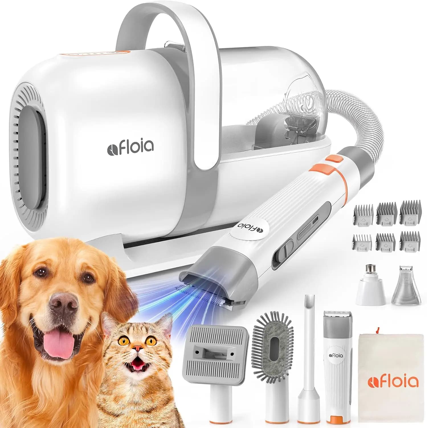 Kit di Toelettatura per Animali 6-in-1 con Aspirapolvere, Tosatrice e Lima per Unghie, Rimuovi Peli Silenzioso per Cani e Gatti, Contenitore Polvere da 1,5L