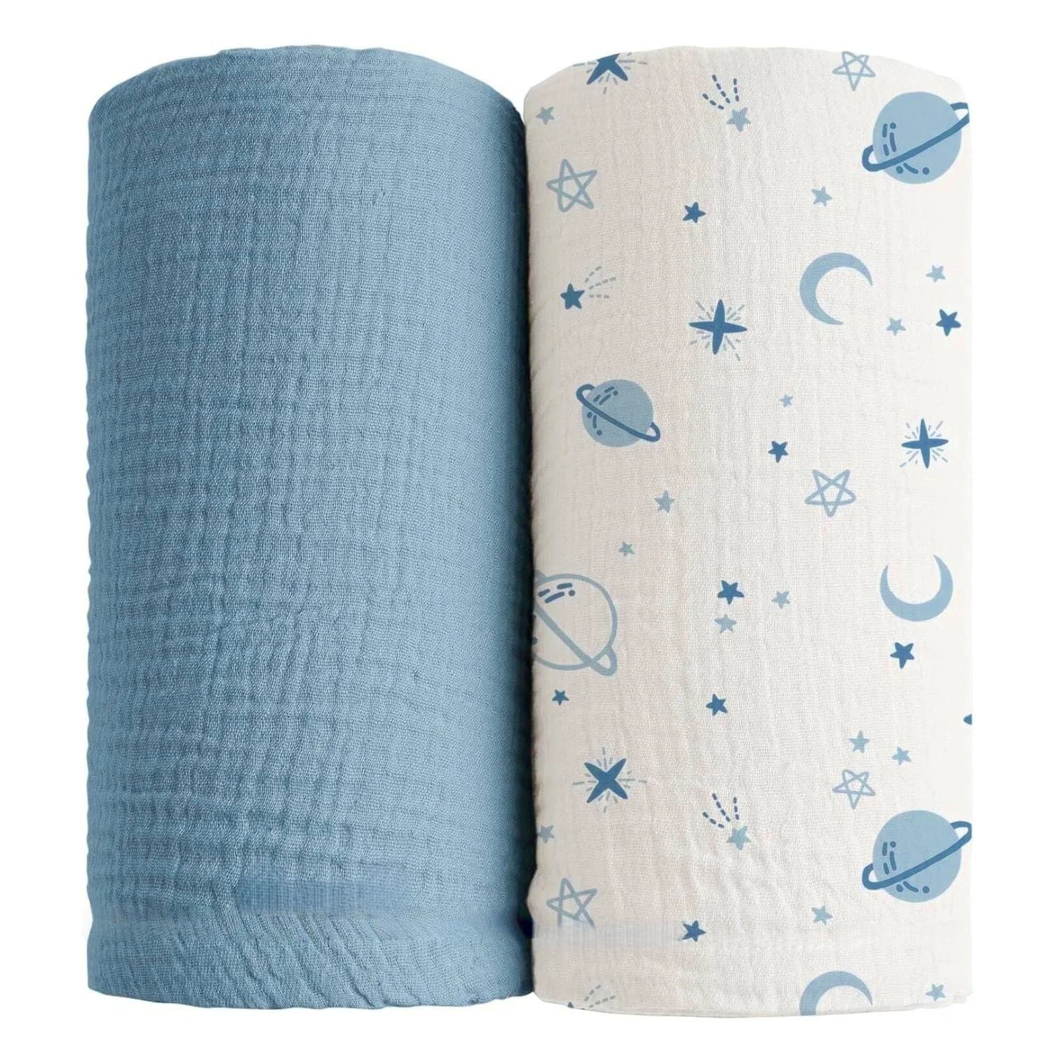 Tessuto Crepe a Doppio Strato 100% Cotone 135x50cm con Motivo Luna Blu e Pianeti per Pigiami per Bambini, Trapunte, Bavaglini, Asciugamani da Bagno e Cucito