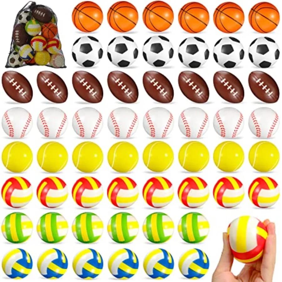 Set di Palline Antistress Sportive in Schiuma, Mini Palline da Spremere con Borsa Portaoggetti, Include Palloni da Basket, Calcio, Baseball, Tennis, Pallavolo