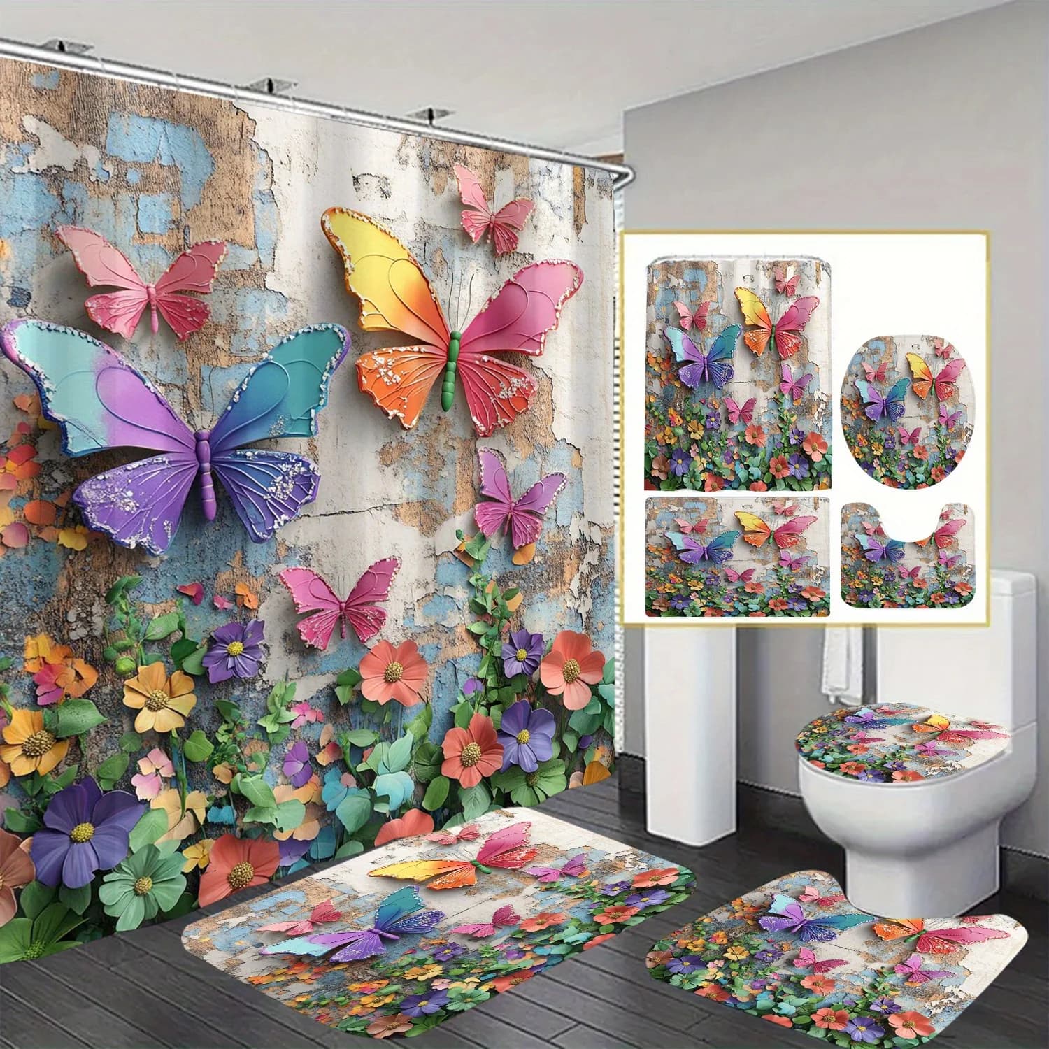 Set da bagno in quattro pezzi con farfalla vibrante - Tenda da doccia impermeabile colorata per un set completo da bagno