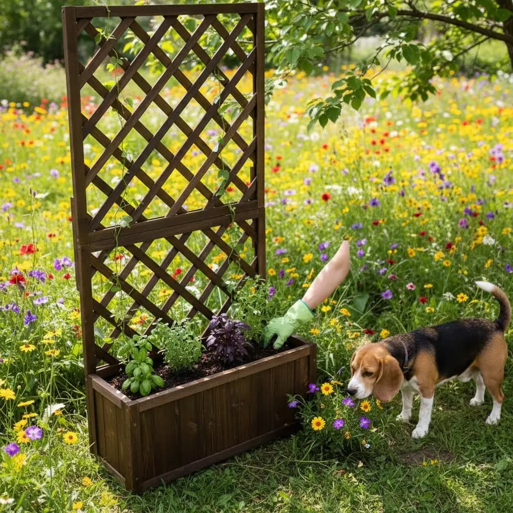 Vaso per Piante in Legno con Griglia 25x11x50 Pollici per Giardino, Patio, Balcone, con Fori di Drenaggio, Struttura in Legno Massiccio per Piante Rampicanti Verticali