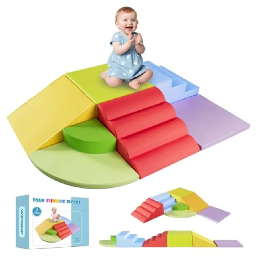 Blocchi da arrampicata in schiuma da 7 pezzi per bambini piccoli da 1 a 5 anni: set di giocattoli da gioco indoor definitivo con morbida pelle sintetica sicura per il gattonamento