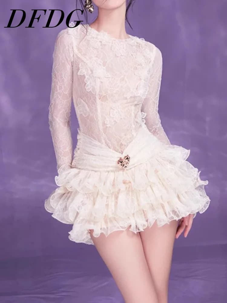 DFDG Abito da Donna Primaverile Estivo con Scollo Rotondo, Pizzo e Fiori 3D, Balze a Strati, Elegante per Feste Formali, Abito Femminile di Tendenza 2026