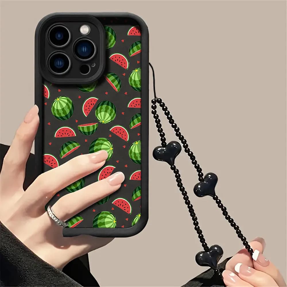 Fundas Cartoon Watermelon Phone case For iPhone 17 16 Pro Max 14 13 12 11 XR XS 8 Plus 16E 17E 17 15 16 Pro Lanyard Matte Cover
