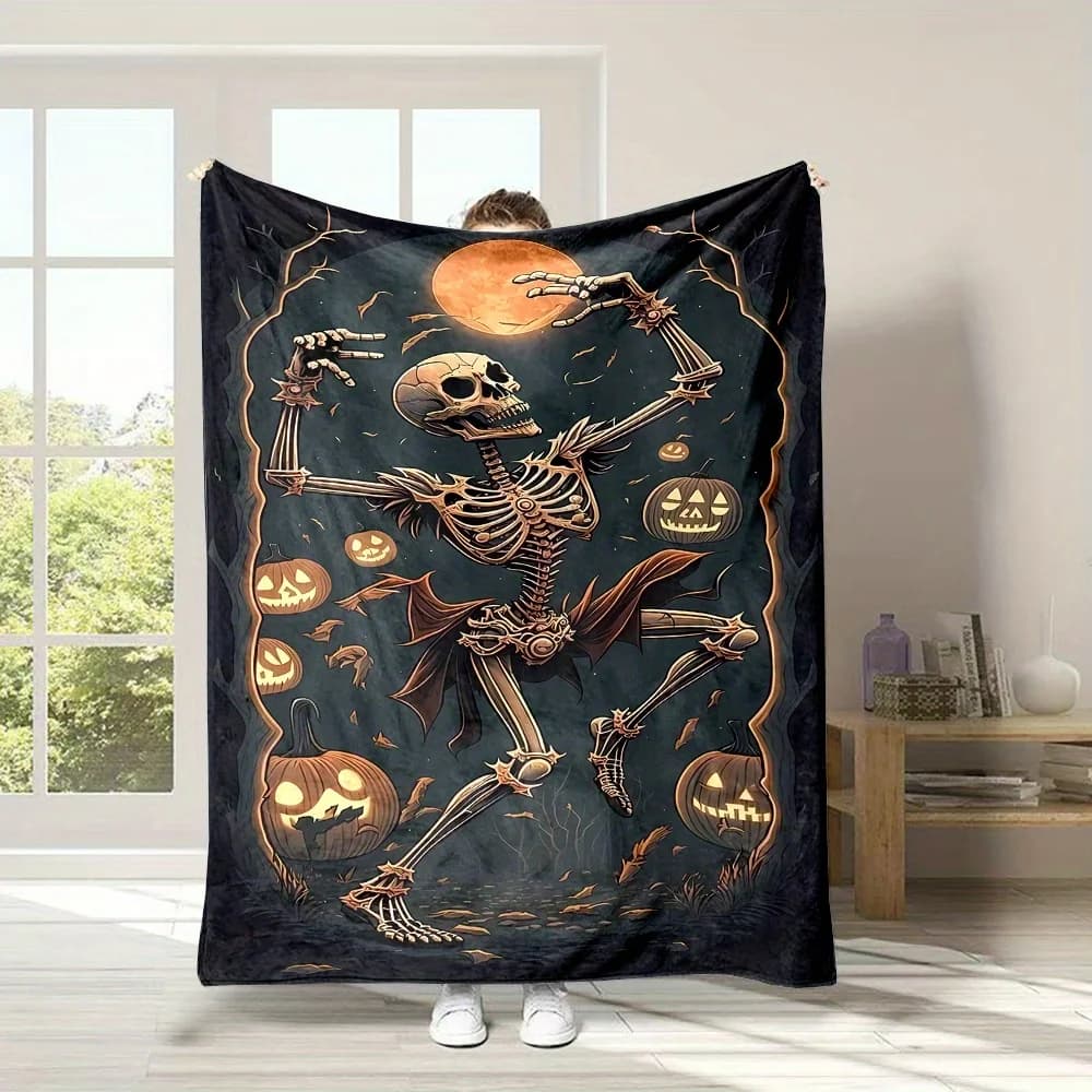 Retro Spooky Halloween Skull Pumpkin Full Moon Art Print Flannel Blanket Comfortable Soft Plush Throw Blanket for Couch Bed Sofa